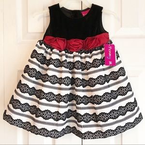 NWT Penny M. Formal Black & White Velvet Rose Holiday Dress 12M